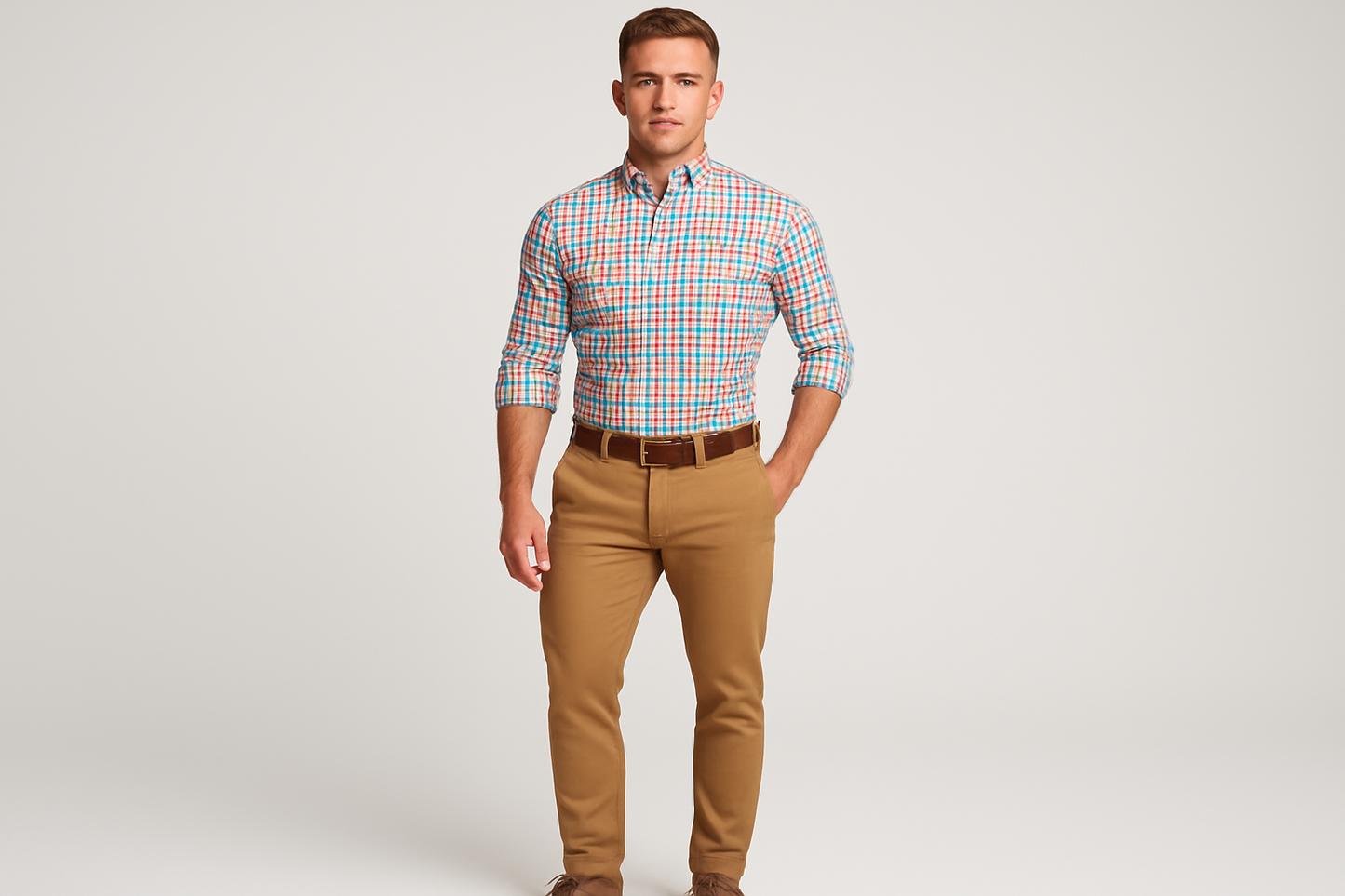 Modelo atlético usando la camisa a cuadros multicolor vibrante talla XS