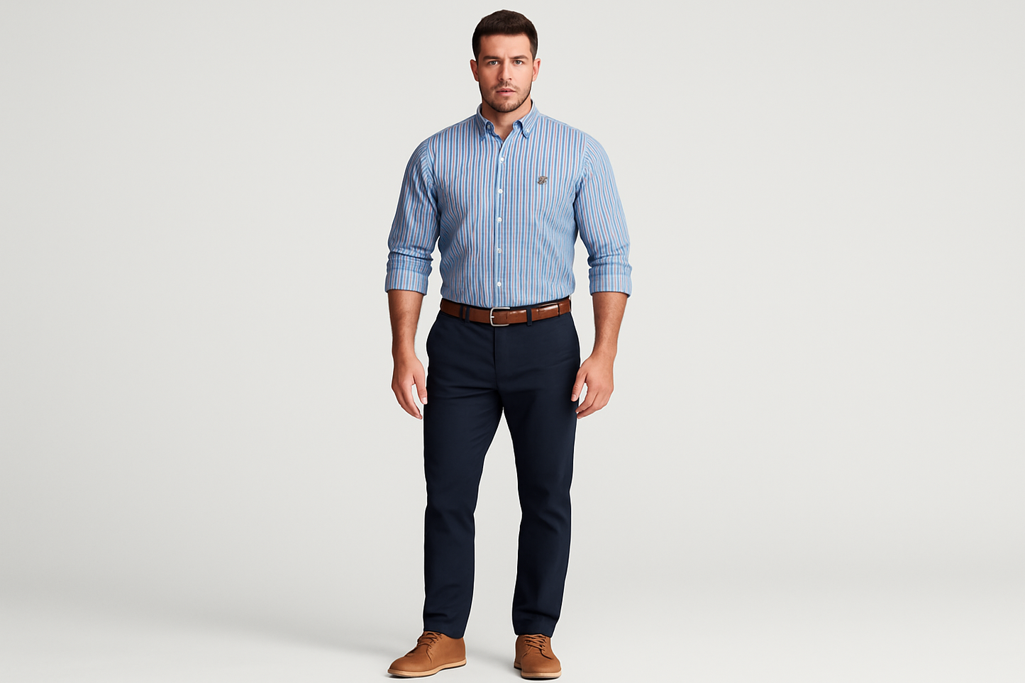 Modelo atlético usando la camisa a rayas azules y blancas talla XL