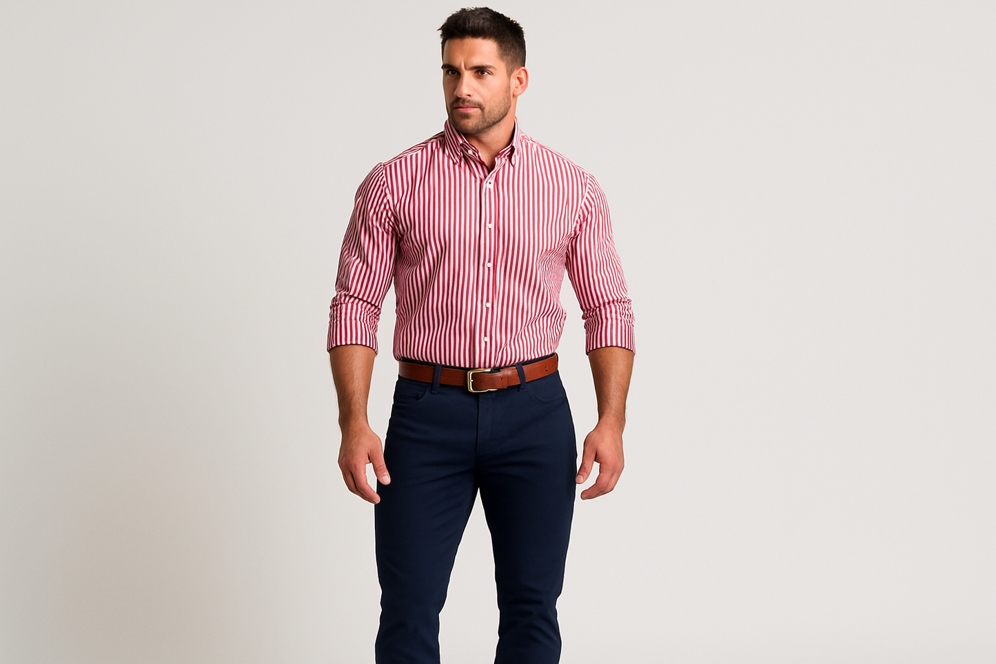 Modelo atlético usando la camisa a rayas rosa y blanco talla XL