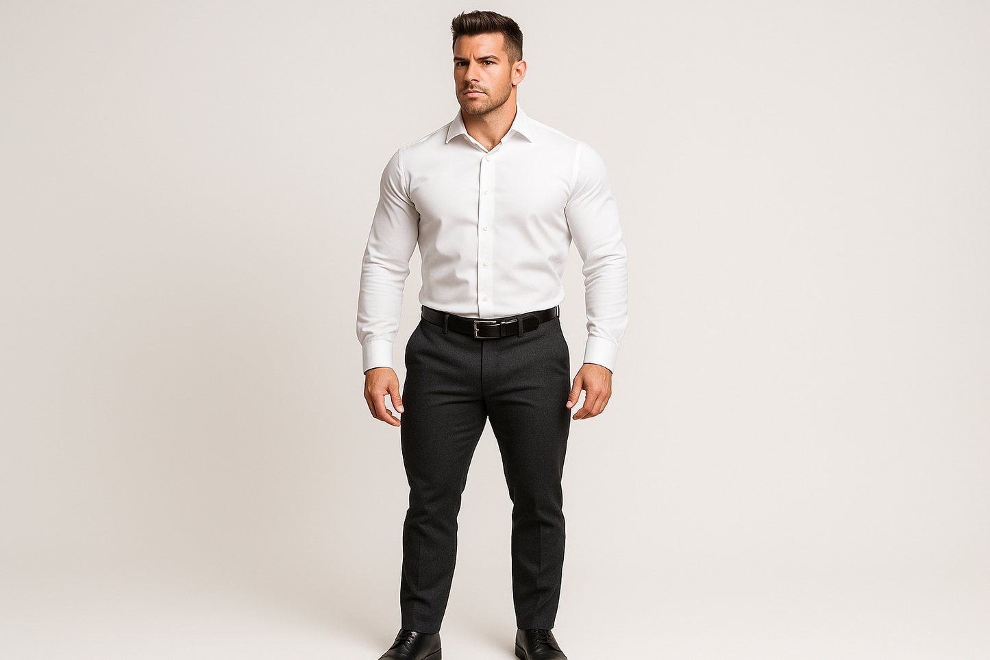 Modelo atlético usando la camisa blanca clásica talla XL