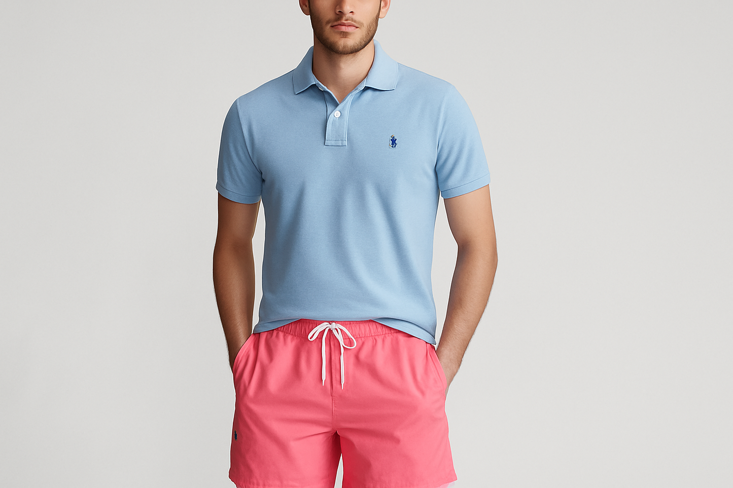 Modelo con polo azul claro