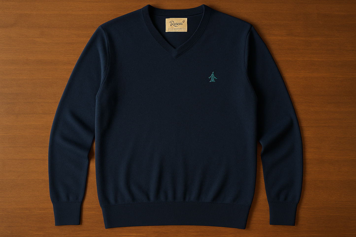 Suéter Penguin color #1c2f50 con logo turquesa pequeño sobre mesa con luz cálida