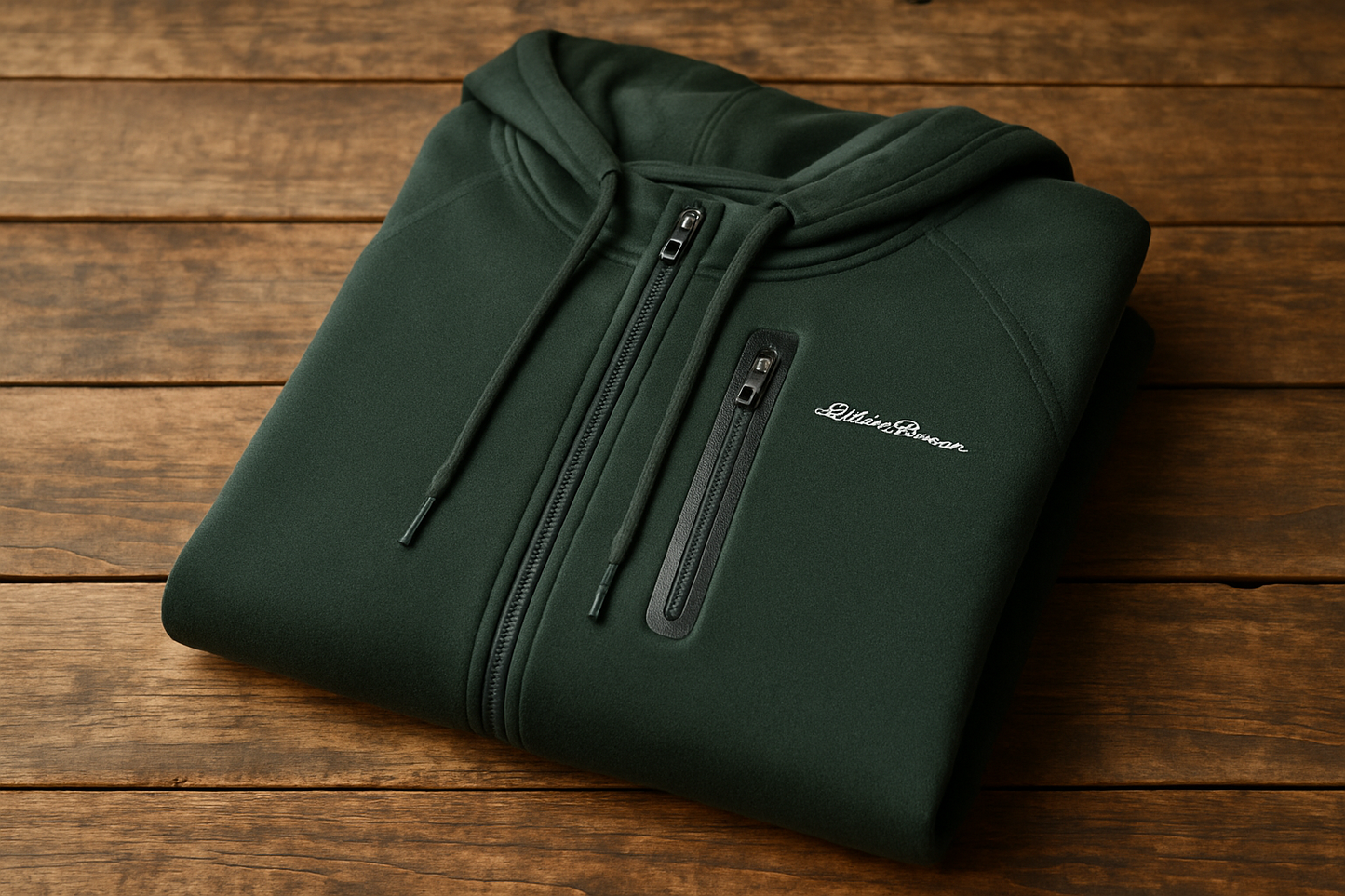Sudadera Eddie Bauer verde - Doblada en superficie de madera