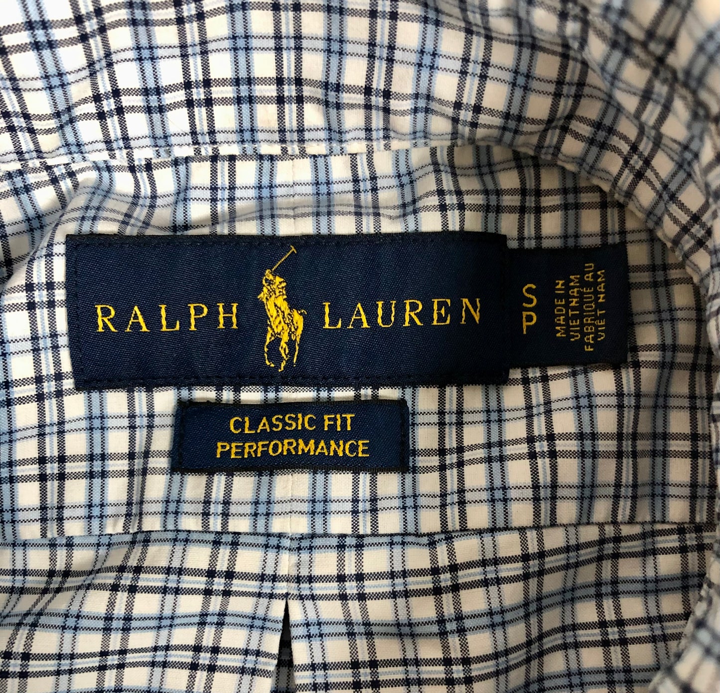 Camisa Polo Ralph Lauren 🏇🏼 color blanco con patron de cuadros negros y azules Talla S Entalle Clásico
