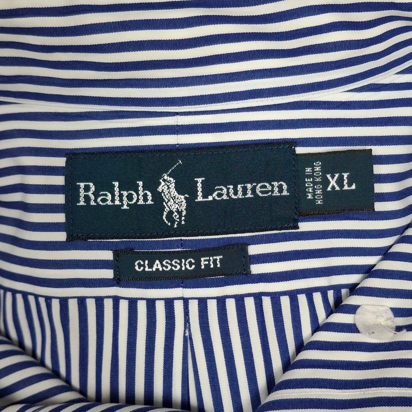 Camisa Polo Ralph Lauren 🏇🏼 color blanco con patrón de rayas en azul Talla XL Entalle Clásico