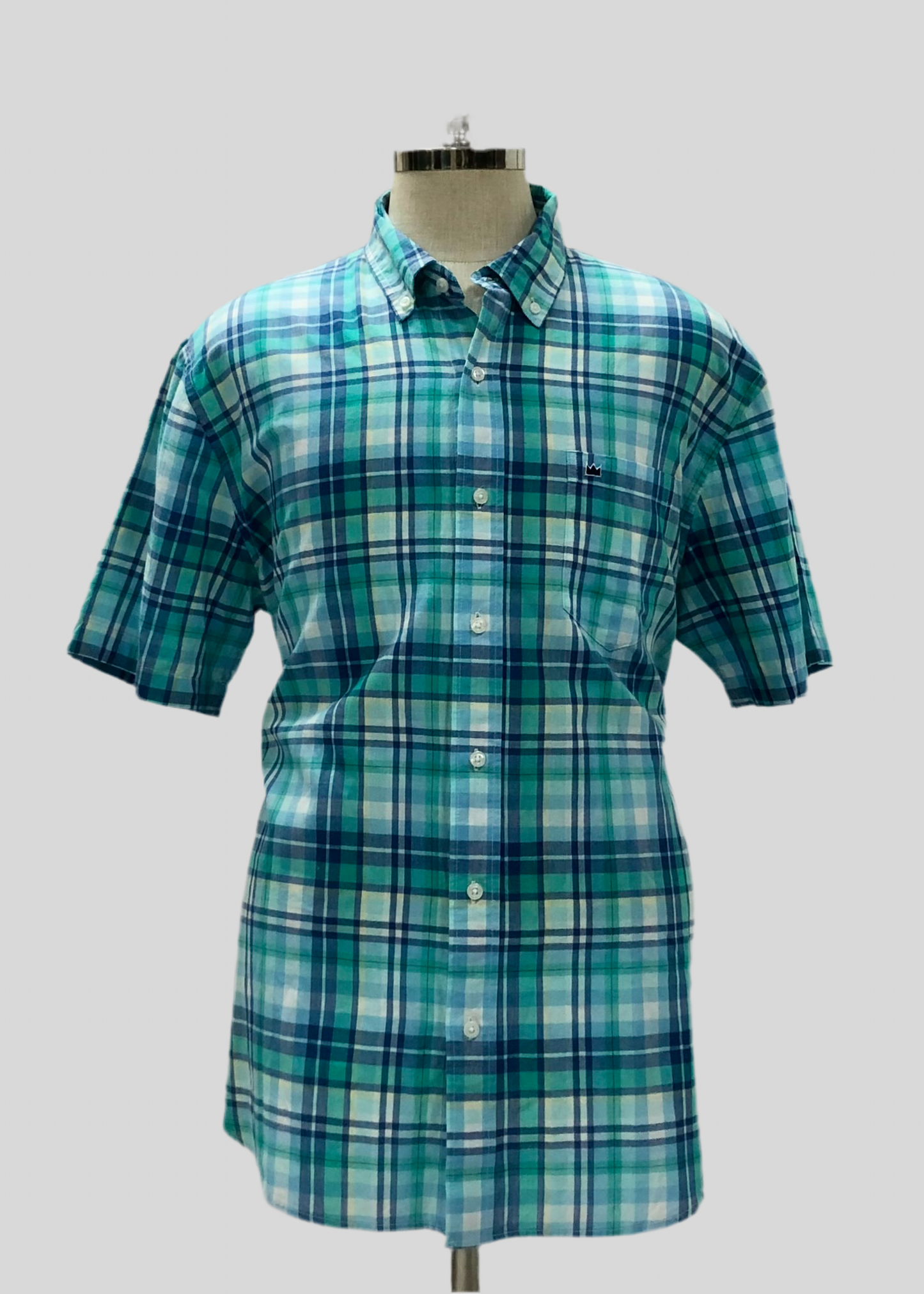 Camisa Crown & Ivy 👑 con patrón de cuadros tartán en color turquesa, azul y blanco Talla XXL Entalle Clásico