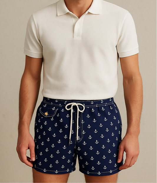 Short de baño Polo Ralph Lauren 🏇🏼color azul navy con diseño de ancla en blanco talla XL