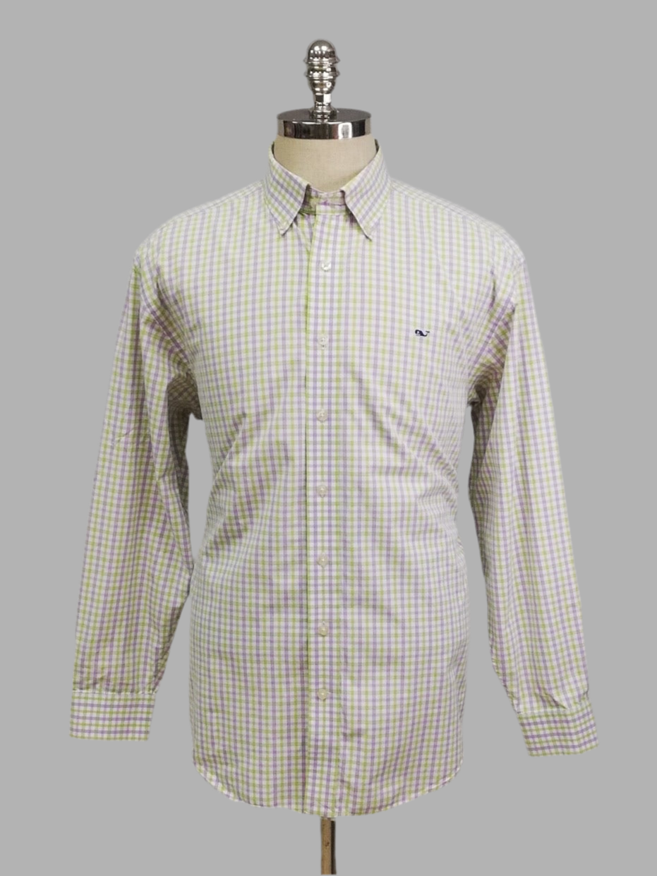 Camisa de botones Vineyard Vines 🐳 colon patrón de cuadros en color verde claro, morado y blanco Talla XL Entalle Regular (ver descripción)