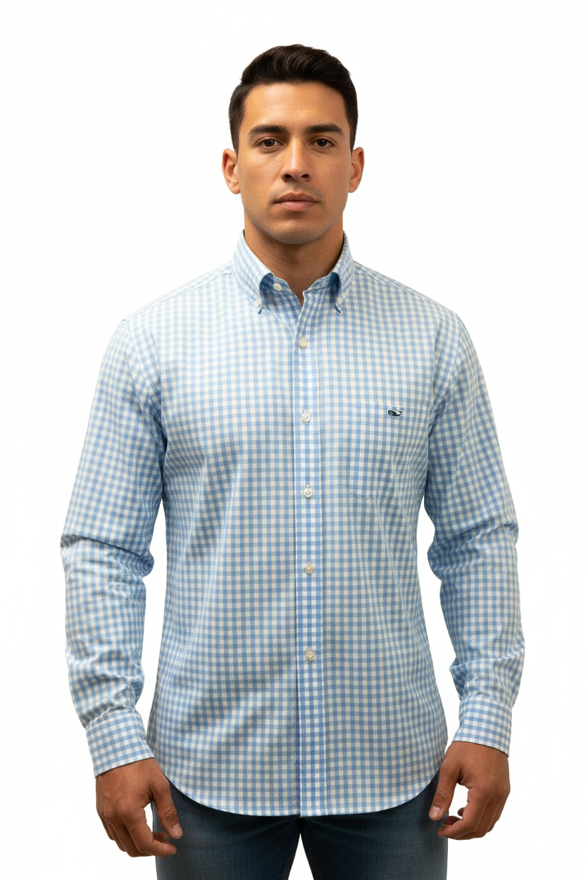 Camisa Vineyard Vines 🐳 Color blanco de cuadros en color blanco y azul Slim Fit Talla L