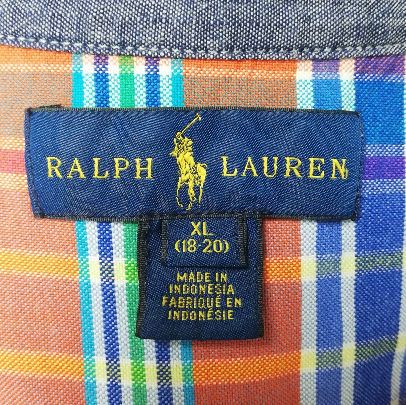 Camisa Polo Ralph Lauren 🏇🏼 color patron de cuadros en naranja, azul, verde y blanco Talla XL (18) de niño Entalle Regular