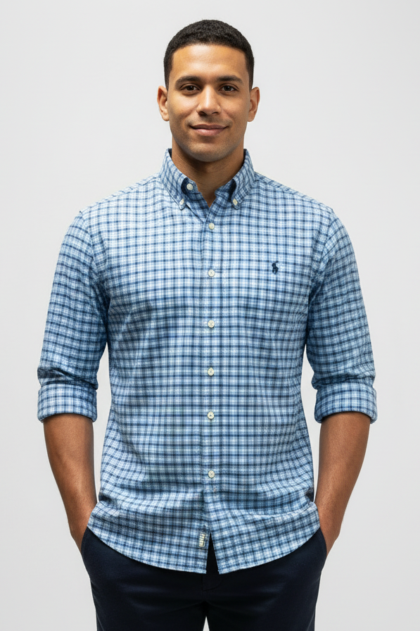 Camisa Polo Ralph Lauren 🏇🏼 De cuadros de color de azul, celeste y blanco Talla M Entalle Regular