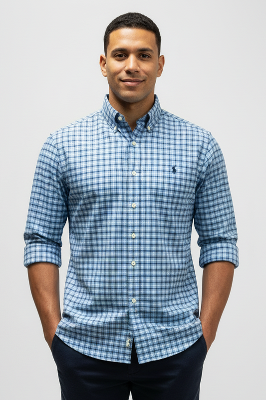Camisa Polo Ralph Lauren 🏇🏼 De cuadros de color de azul, celeste y blanco Talla M Entalle Regular