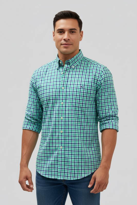 Camisa Vineyard Vines 🐳 de cuadros en color verde, azul y gris Talla M Entalle Slim Fit