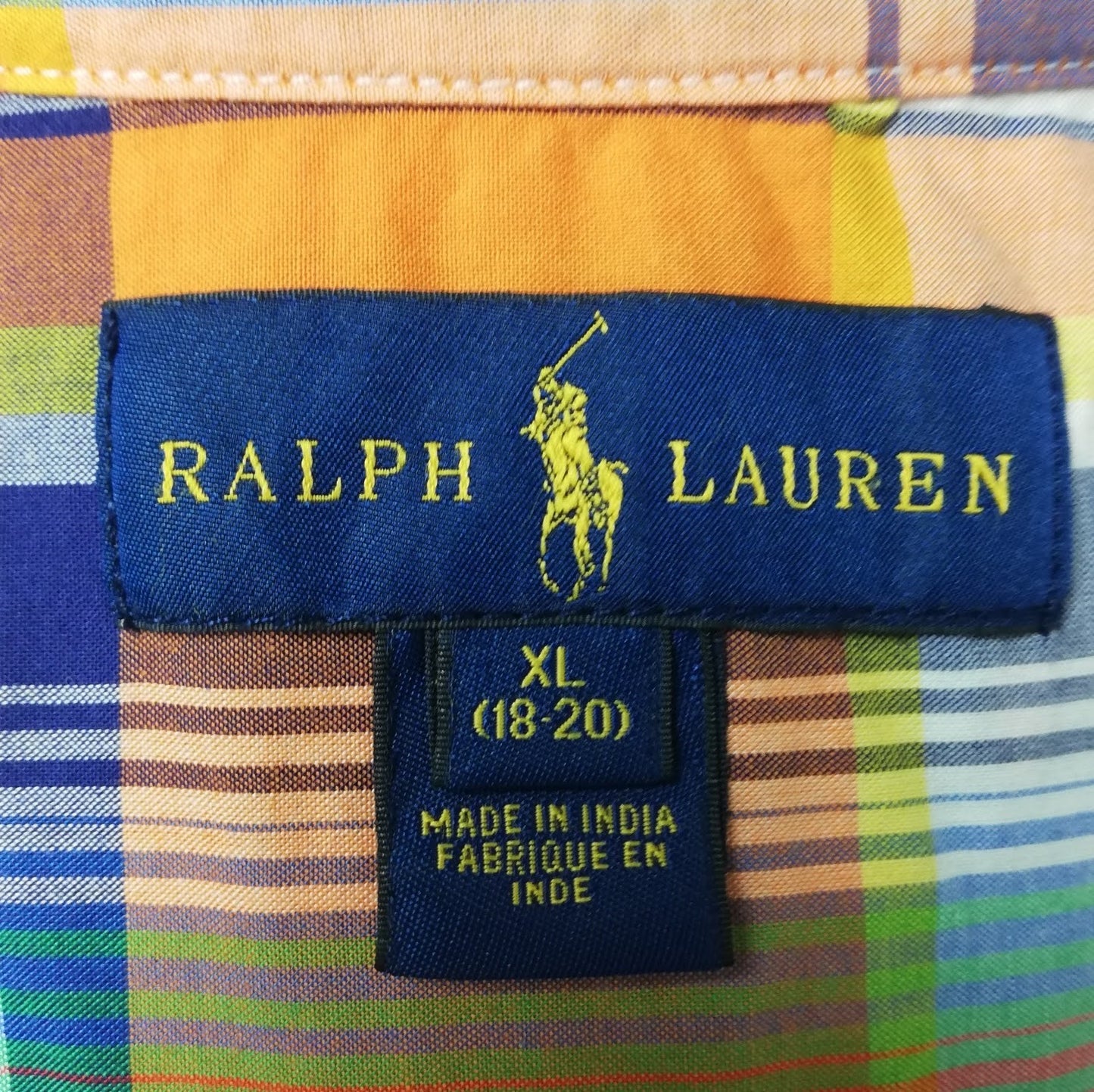 Camisa Polo Ralph Lauren 🏇🏼 color patron de cuadros en naranja, azul, amarillo y blanco Talla XL (18) de niño Entalle Regular