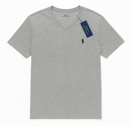 Camiseta cuello V Polo Ralph Lauren 🏇🏼 color gris con logo en azul navy Talla Medium Entalle Clásico