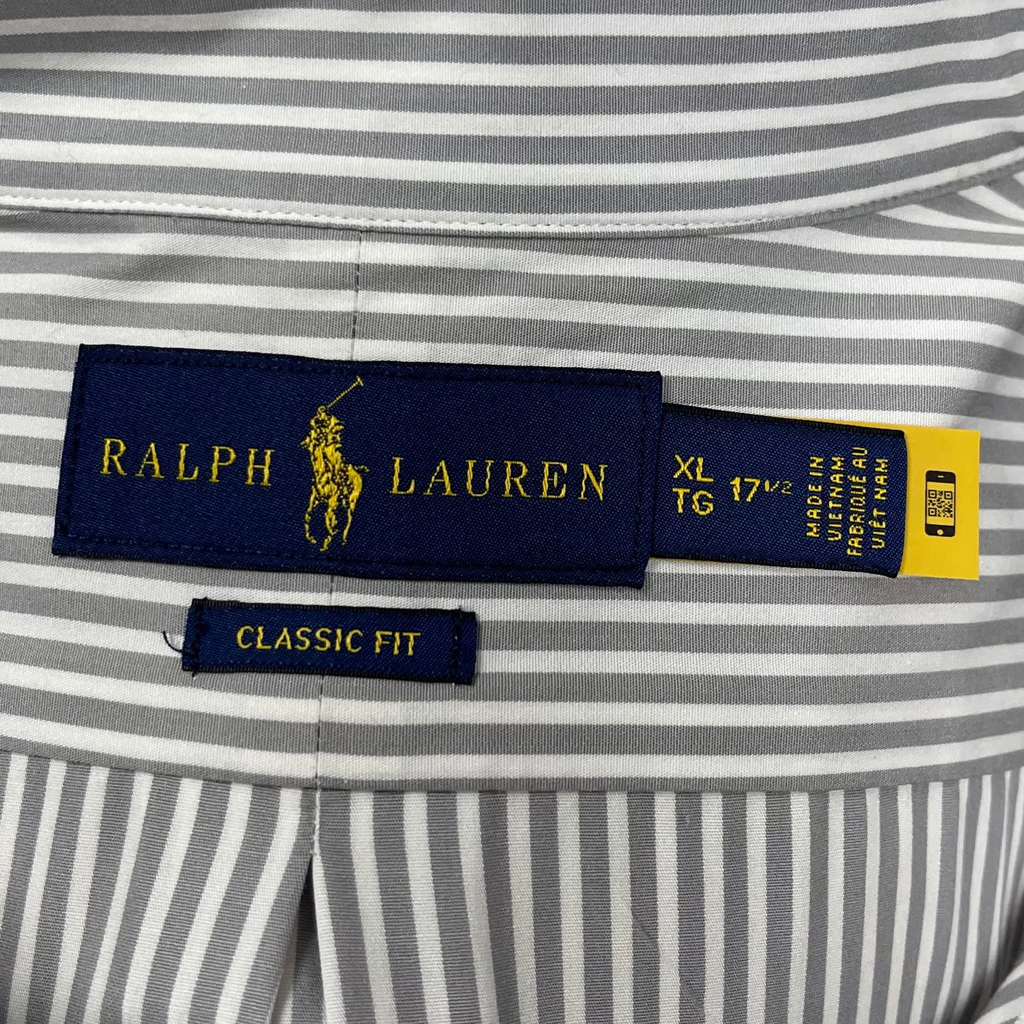 Camisa Polo Ralph Lauren 🏇🏼 color blanco con patrón de rayas en gris oscuro Talla XL Entalle Clásico