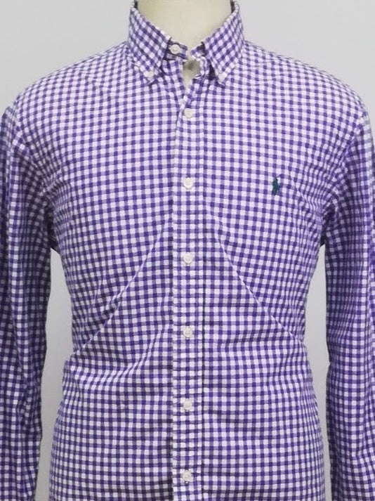 Camisa Polo Ralph Lauren 🏇🏼 con patron de cuadros gingham morado y blanco Talla L Entalle Regular (ver descripción)
