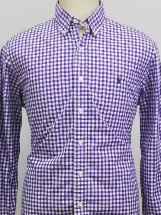 Camisa Polo Ralph Lauren 🏇🏼 con patron de cuadros gingham morado y blanco Talla L Entalle Regular (ver descripción)