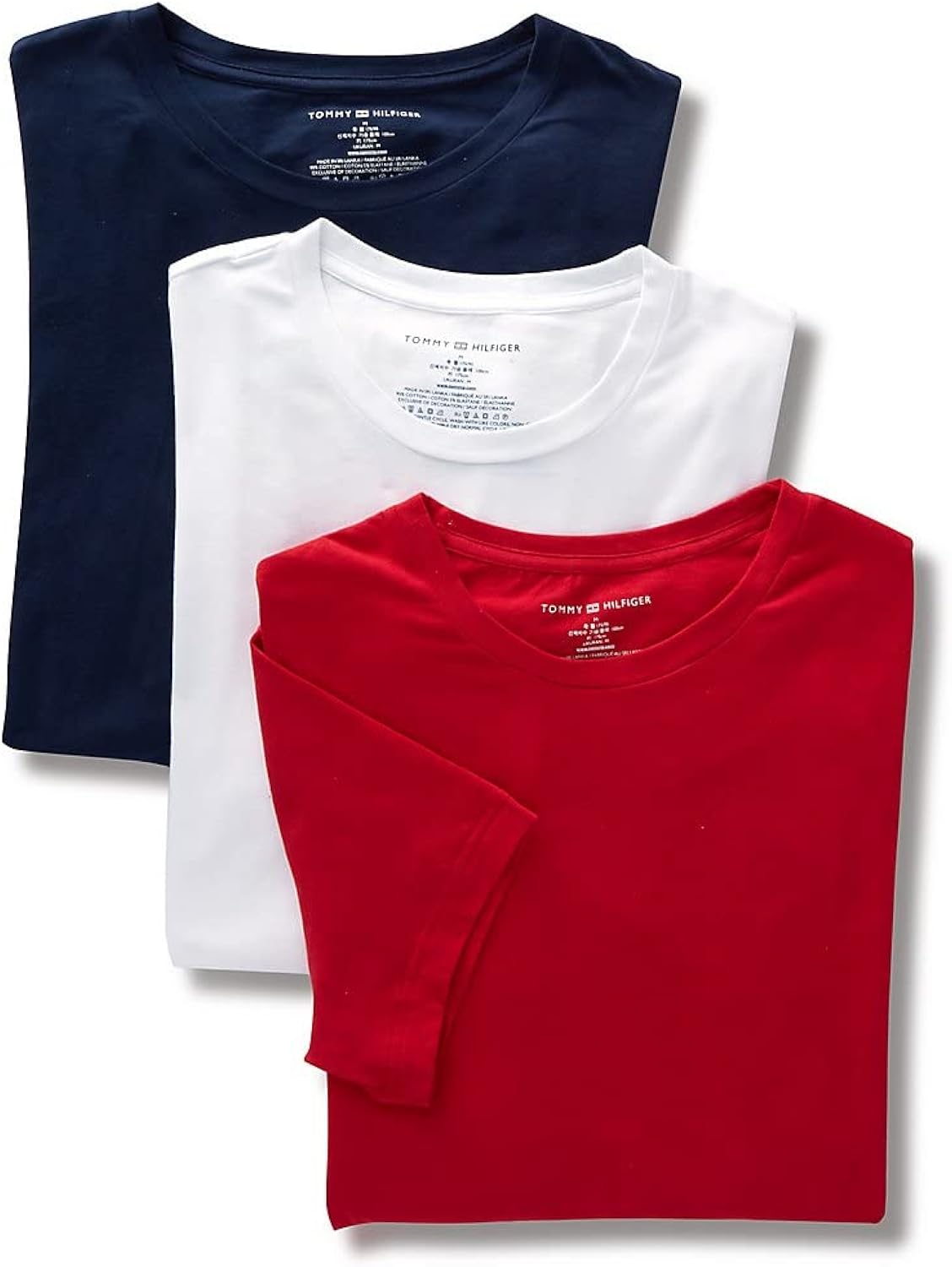 Paquete de 3 Camiseta Interior Tommy Hilfiger 🇺🇸  Cuello redondo Tela algodón color rojo, azul navy y blanco Talla M