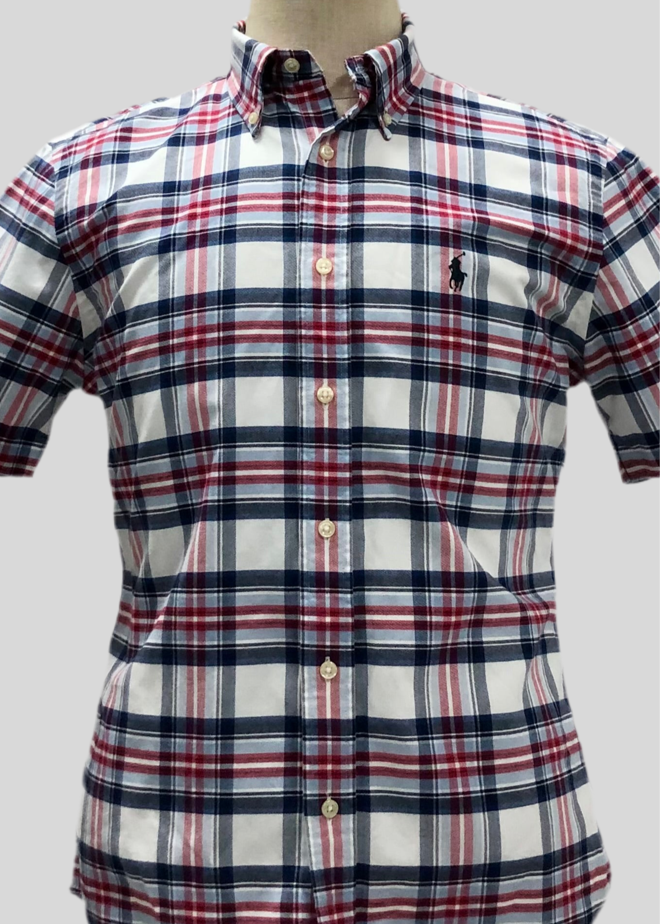 Camisa Polo Ralph Lauren 🏇🏼 Color blanco con patron de cuadros tartán azul y rojo Talla M Entalle Slim Fit