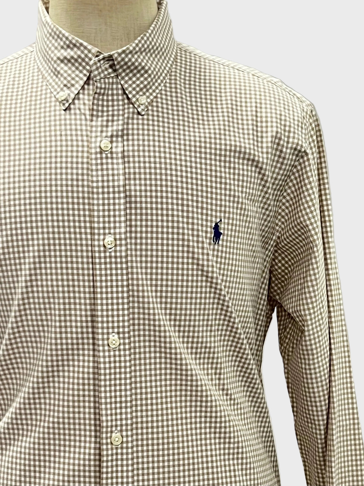 Camisa Polo Ralph Lauren 🏇🏼 de cuadros gingham kaki y blanco Talla XL Entalle Clásico