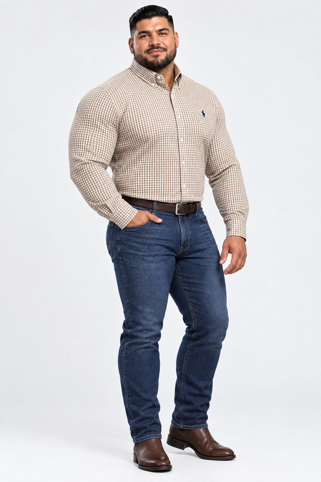 Camisa Polo Ralph Lauren 🏇🏼 de cuadros gingham kaki y blanco Talla XL Entalle Clásico