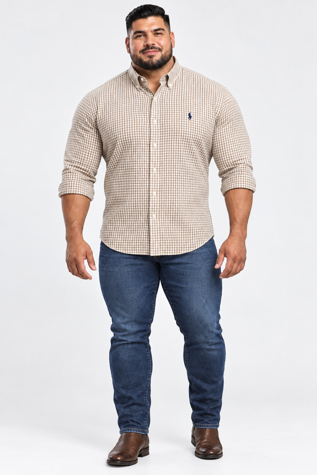 Camisa Polo Ralph Lauren 🏇🏼 de cuadros gingham kaki y blanco Talla XL Entalle Clásico