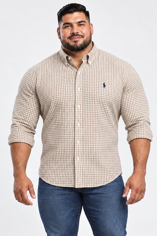 Camisa Polo Ralph Lauren 🏇🏼 de cuadros gingham kaki y blanco Talla XL Entalle Clásico