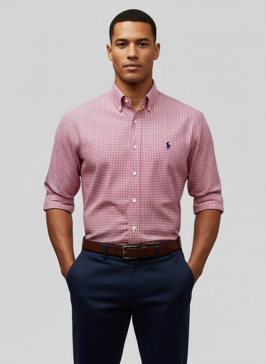Camisa de botones Polo Ralph Lauren 🏇🏼 de cuadros gingham rosado intenso y blanco Talla L Entalle Regular