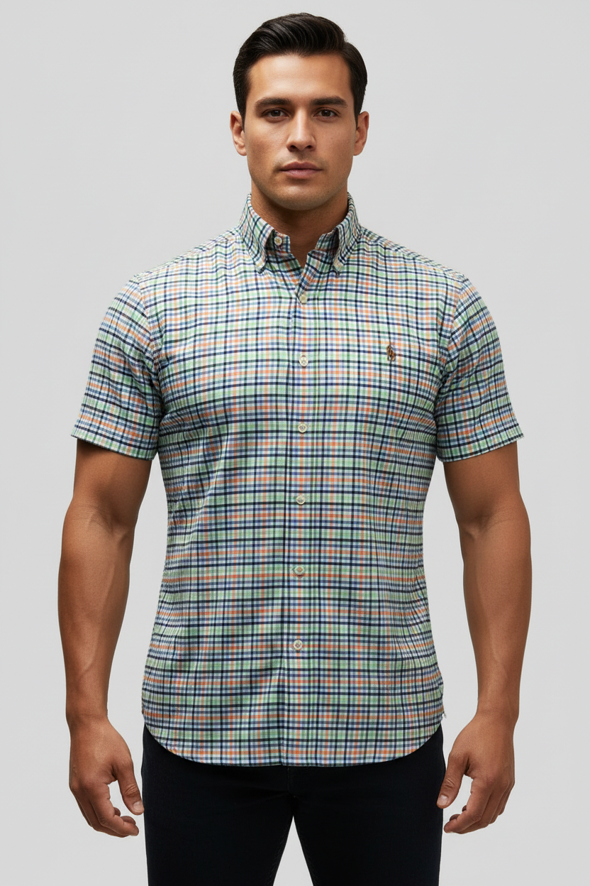 Camisa de botones Polo Ralph Lauren 🏇🏼 Oxford blanco de cuadros en color azul, verde y naranja Talla M Entalle Regular