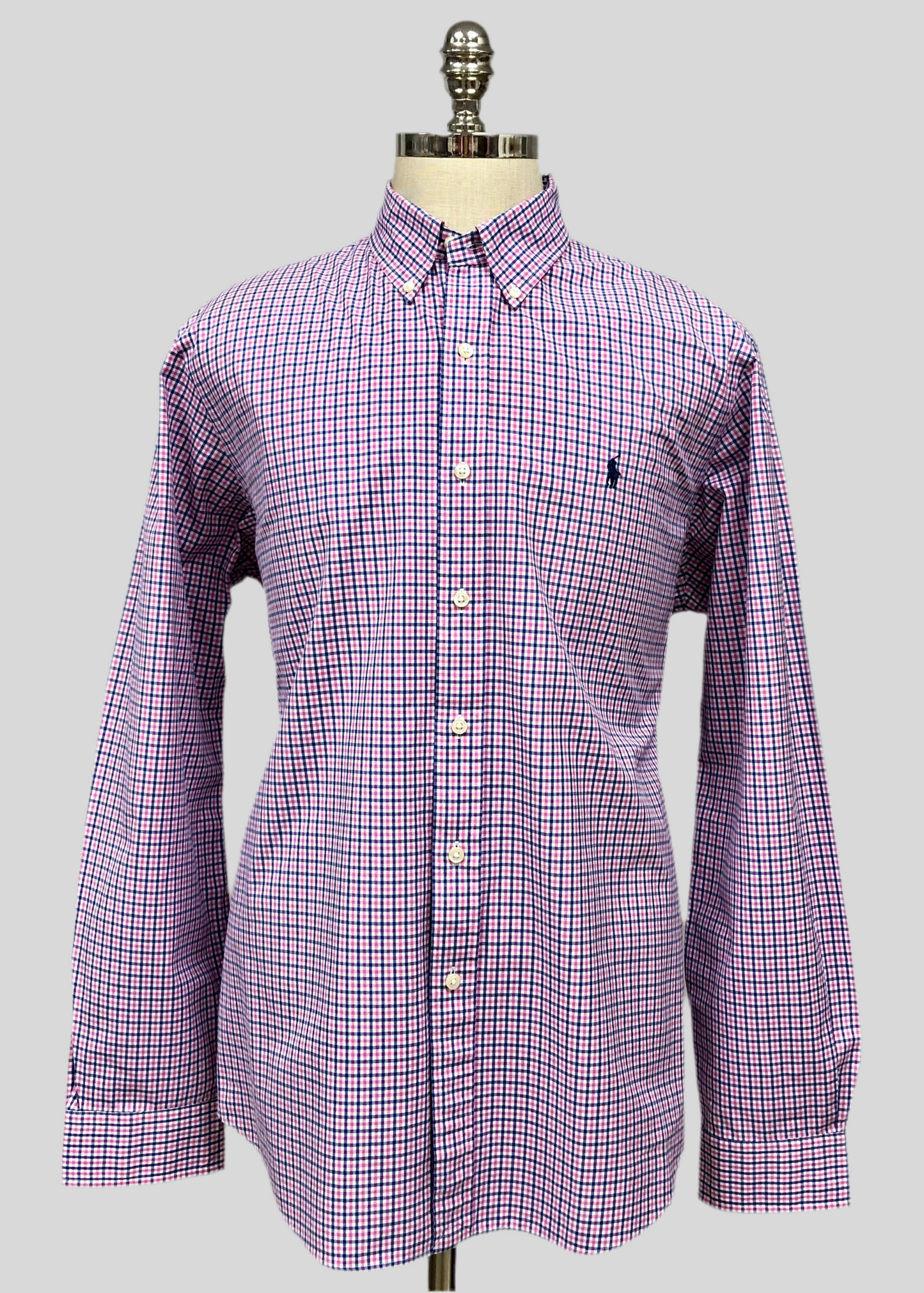 Camisa Polo Ralph Lauren 🏇🏼 blanca con patron de cuadros rosado y azul Talla L Entalle Clásico