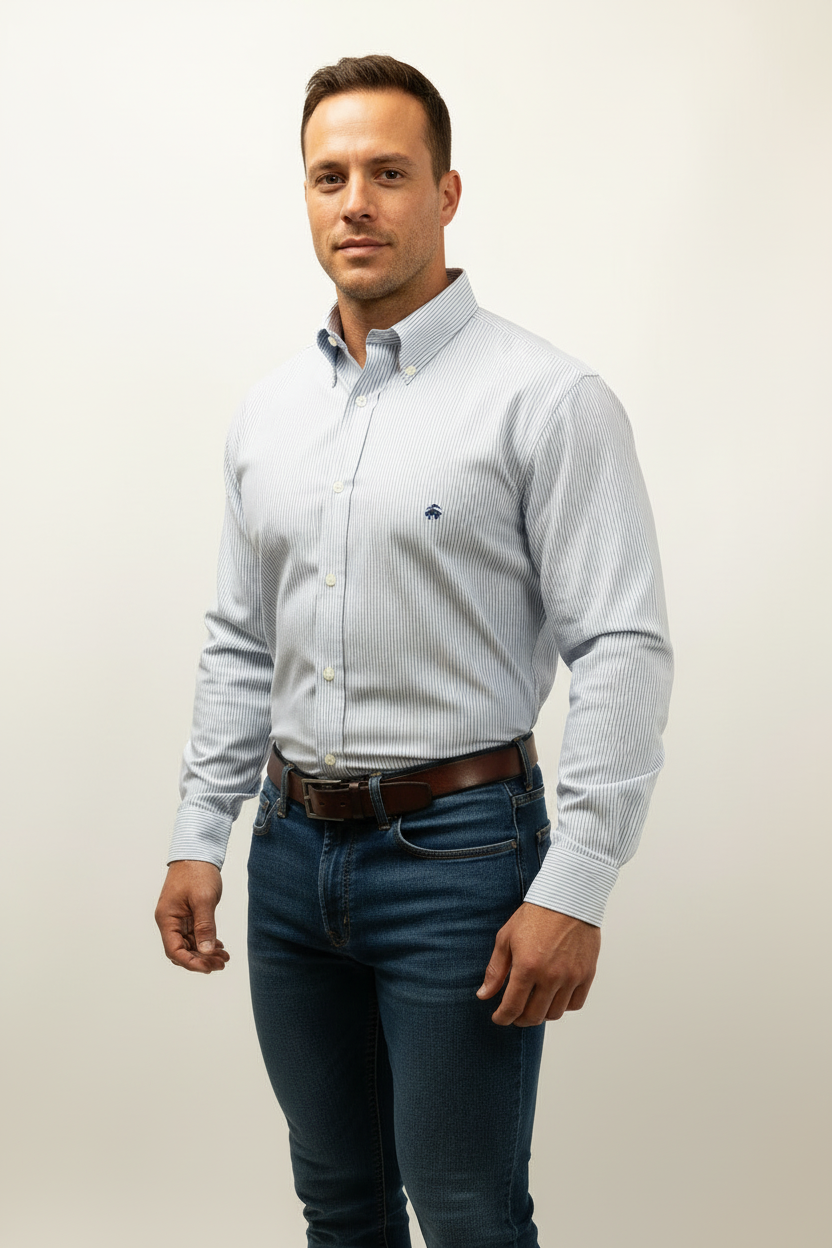 Camisa de botones Brooks Brothers 🐑 Oxford de rayas en celeste y blanco Talla XXL Entalle Regular