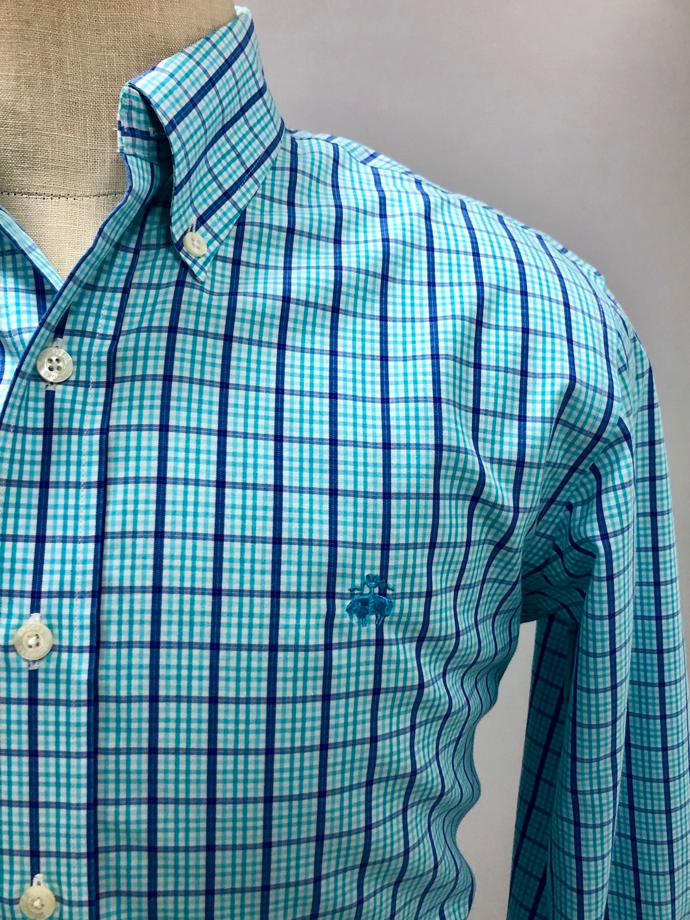 Camisa de botones Brooks Brothers 🐑 con cuadros en turquesa y azul Talla M Entalle Regular