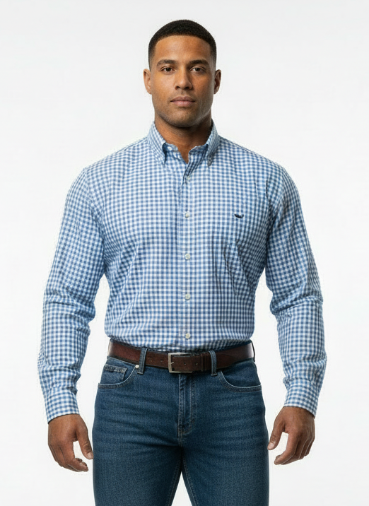 Camisa de botones Vineyard Vines 🐳 de cuadros gingham en color Azul claro y blanco Talla L Entalle Clásico