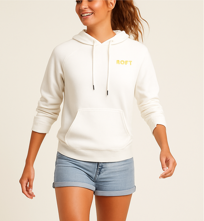 Sudadera Hoodie de mujer Roxy 🏄🏽‍♂️ color blanco y logo en amarillo Talla S