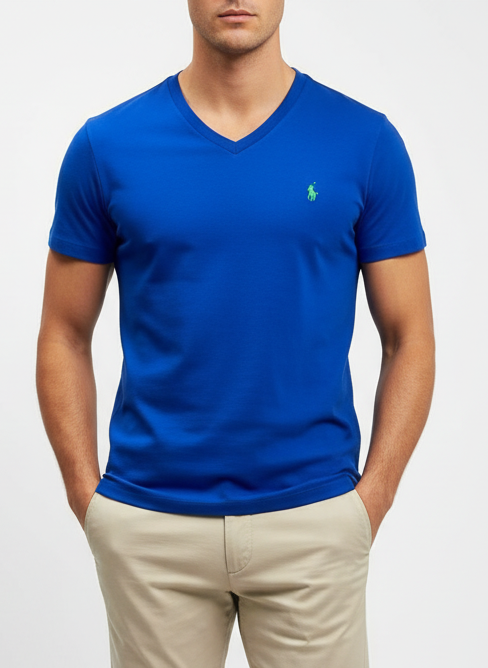 Camiseta cuello V Polo Ralph Lauren 🏇🏼 color azul navy con logo en verde Talla Large Entalle Clásico