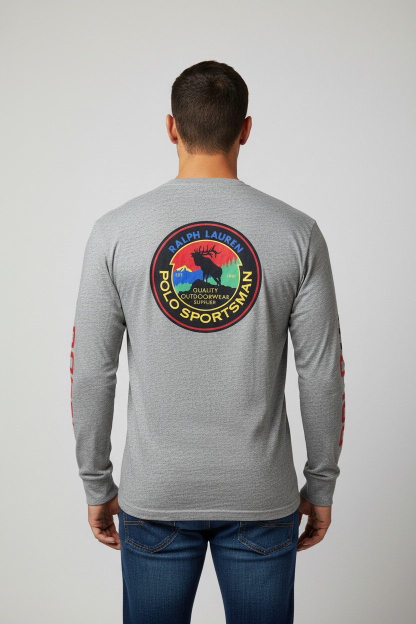 Camiseta cuello redondo Polo Ralph Lauren 🏇🏼 color gris con diseño de Polo Sports outdoorwear Manga larga Talla XL Entalle Regular
