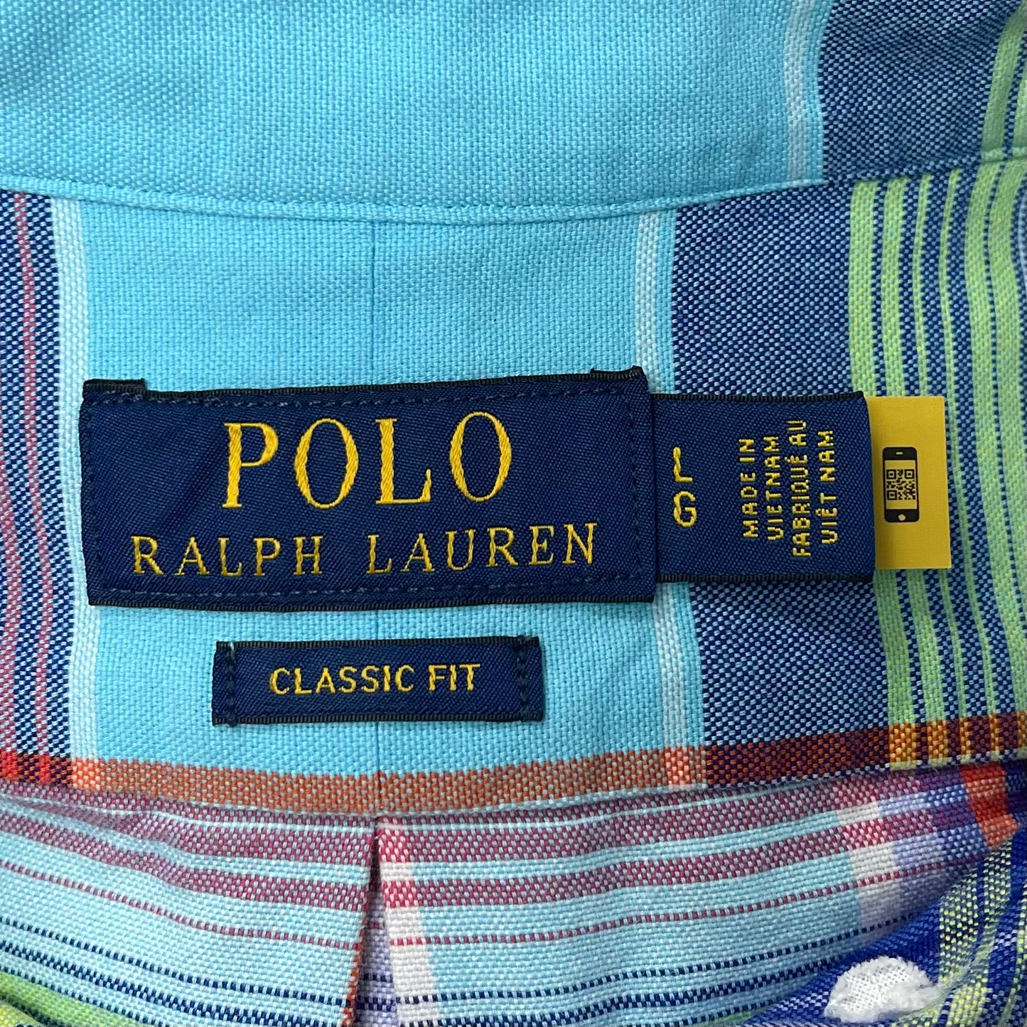 Camisa Polo Ralph Lauren 🏇🏼 Oxford color celeste con patrón de cuadros tartán azul, rojo y verde Talla L Entalle Clásico