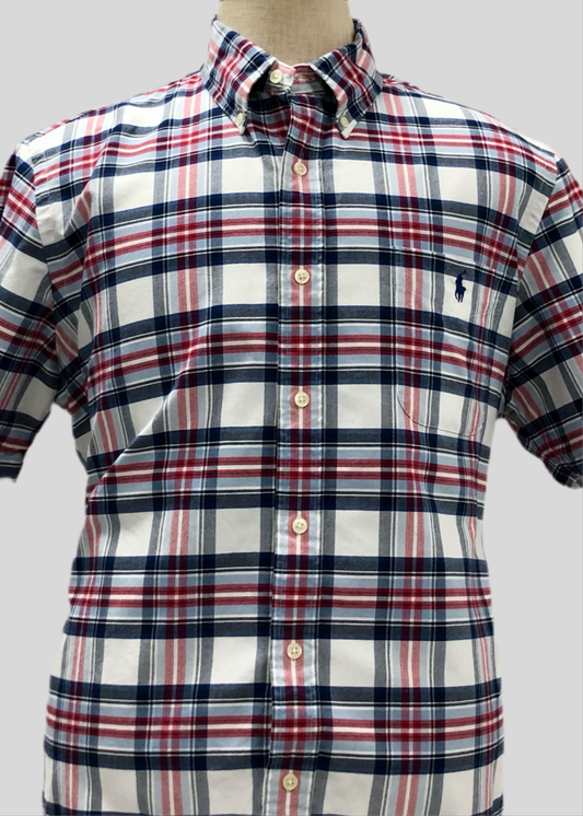 Camisa Polo Ralph Lauren 🏇🏼 Color blanco con patron de cuadros tartán azul y rojo Talla XL Entalle Clásico