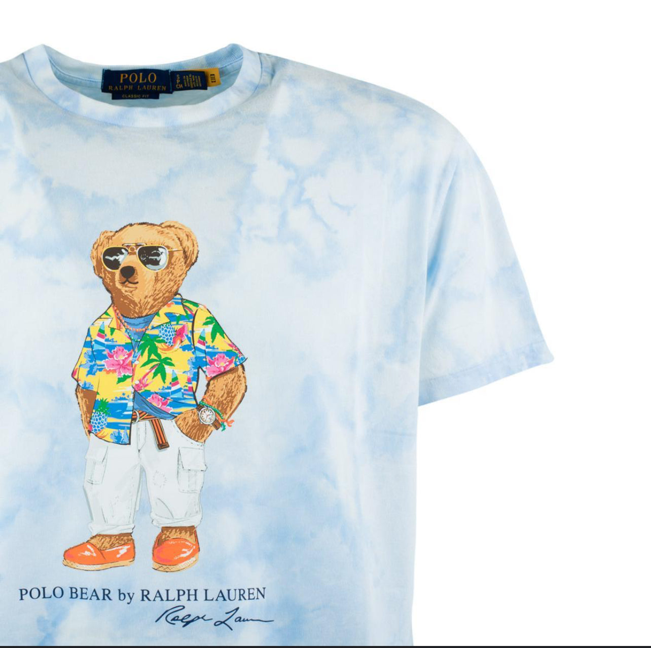 Camiseta cuello redondo Polo Ralph Lauren 🏇🏼 Tye dye color celeste y blanco con diseño de polo bear Talla XXL Entalle Clásico