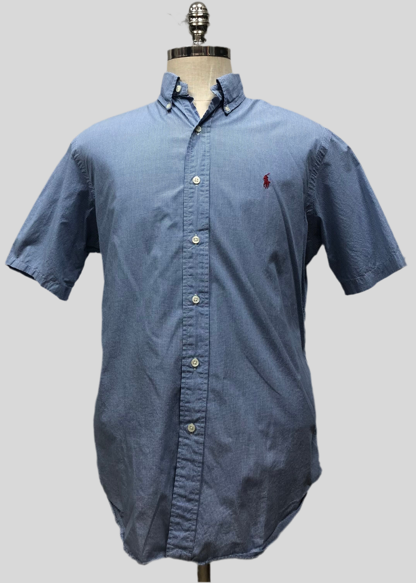 Camisa Polo Ralph Lauren 🏇🏼 color blanco con patrón de cuadros finos en azul Talla M Entalle Clásico