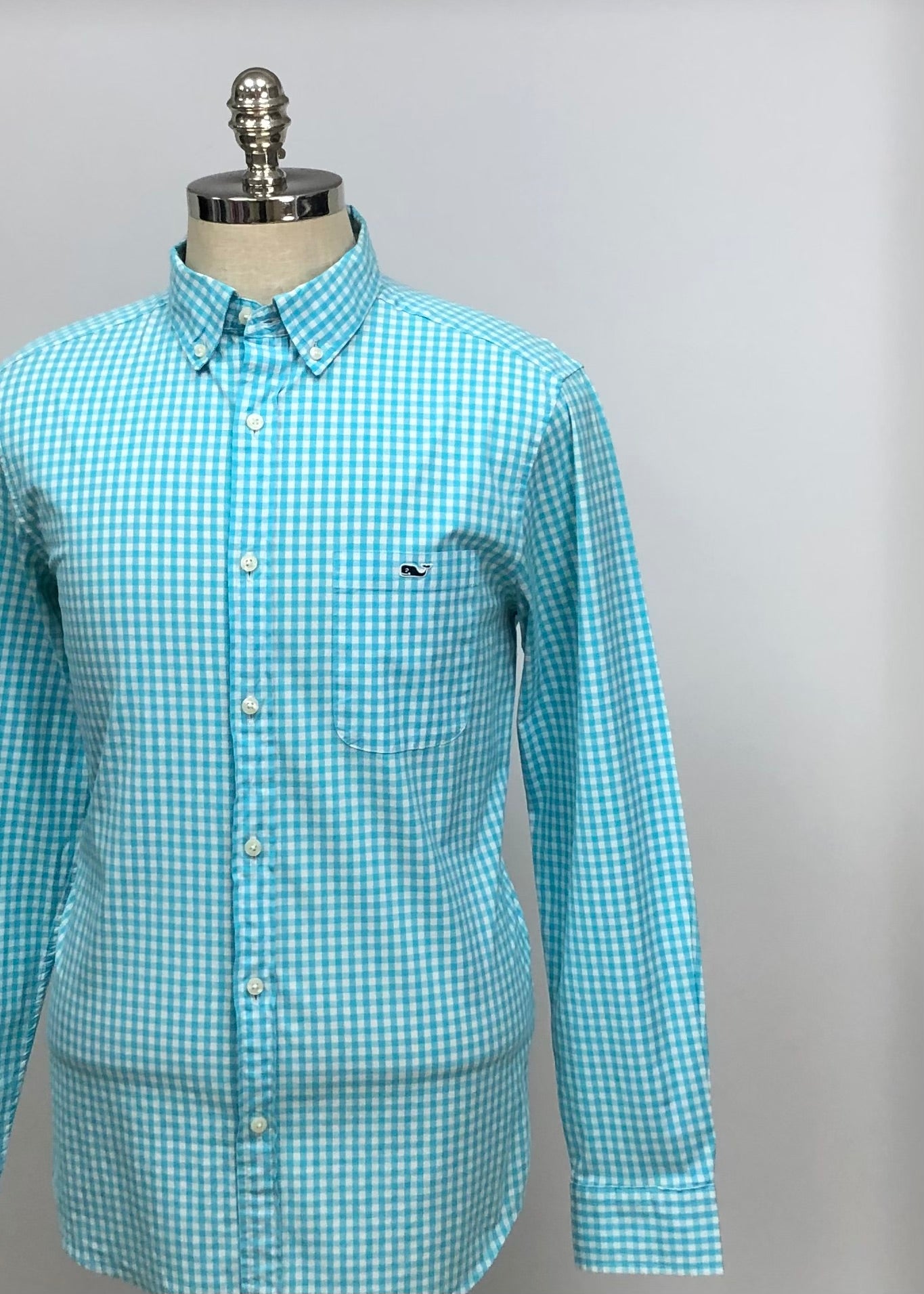 Camisa Vineyard Vines 🐳 con patron de cuadros gingham turquesa y blanco Talla M Entalle Clásico