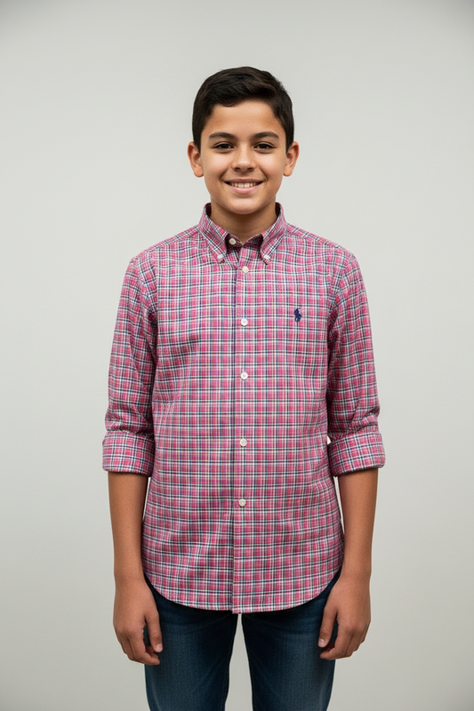 Camisa Polo Ralph Lauren 🏇🏼 color rojo con patron de cuadros en azul y verde Talla L (14-16) de niño Entalle Regular