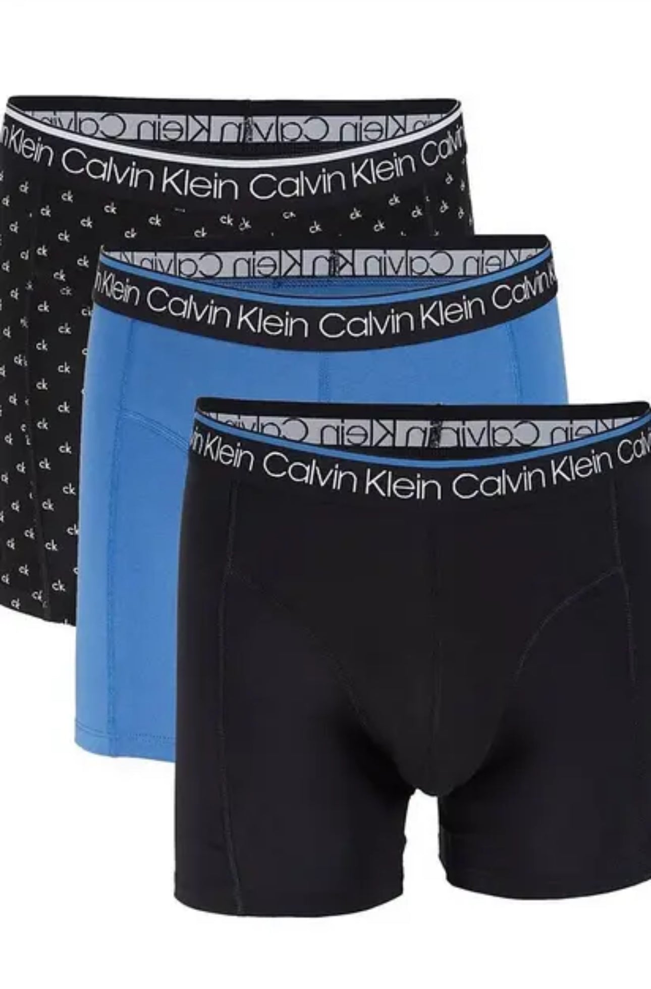 Paquete de 3 Calzoncillos tipo Boxer Calvin Klein Cotton Stretch en color azul, celeste y negro - Tela ligera en Talla L y XL