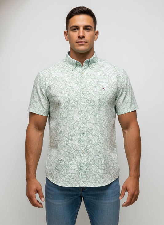 Camisa de botones Tommy Hilfiger 🇺🇸 color blanco con diseño de floral en color verde Talla XL Entalle Custom Fit