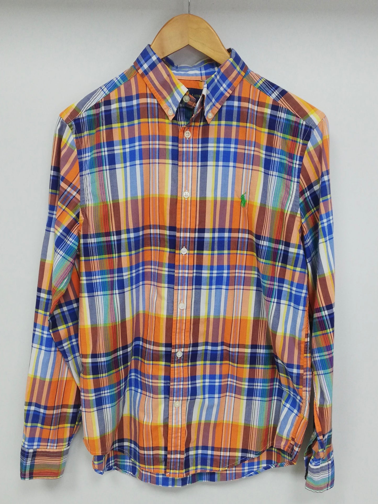 Camisa Polo Ralph Lauren 🏇🏼 color patron de cuadros en naranja, azul, amarillo y blanco Talla XL (18) de niño Entalle Regular