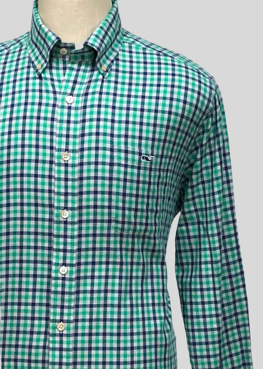 Camisa de botones Vineyard Vines 🐳 con patrón de cuadros en color verde azul navy y gris Talla L Entalle Slim Fit