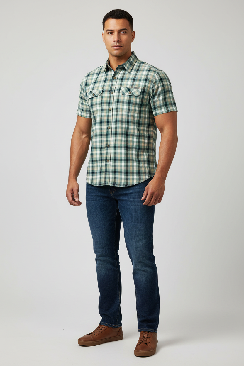 Camisa de botones Eddie Bauer 🏔️ de cuadros en verde, negro, amarillo y blanco Manga corta Talla L