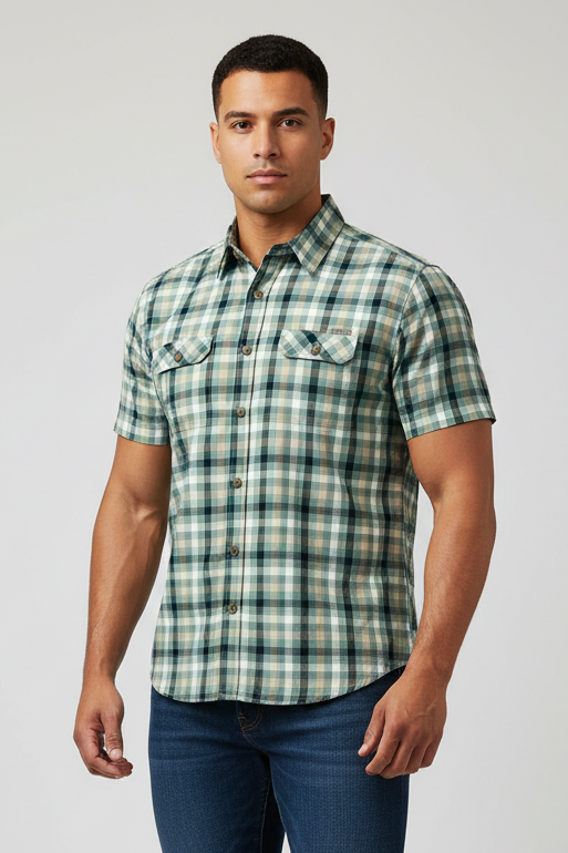 Camisa de botones Eddie Bauer 🏔️ de cuadros en verde, negro, amarillo y blanco Manga corta Talla L