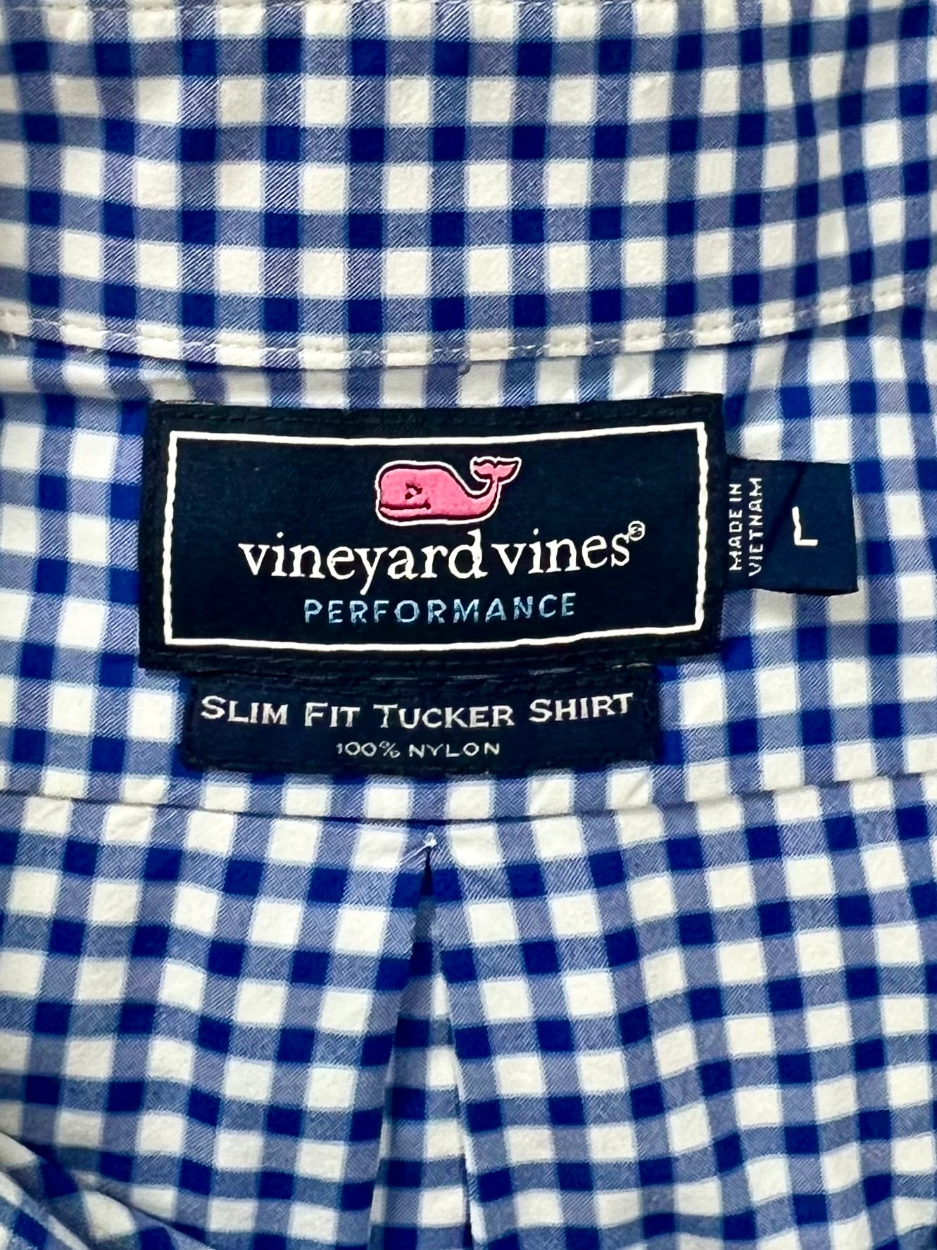 Camisa de botones Vineyard Vines 🐳 Performance de cuadros gingham en color azul navy y blanco Talla L Entalle Slim Fit (ver descripción)